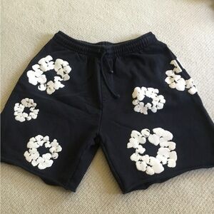Men's Black Athletic Drawstring Shorts with White Floral Ring Prints
